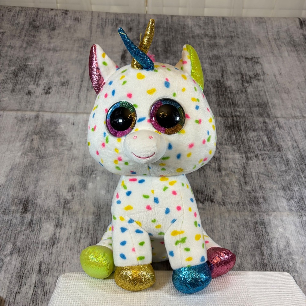 Ty Beanie Boos Harmonie Unicorn White Multi Color Spotted Plush Medium 9.5 inch